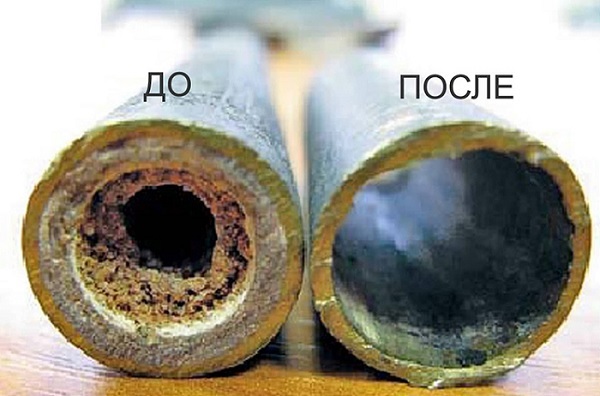 Lämmönvaihdinputket ennen ja jälkeen puhdistuksen