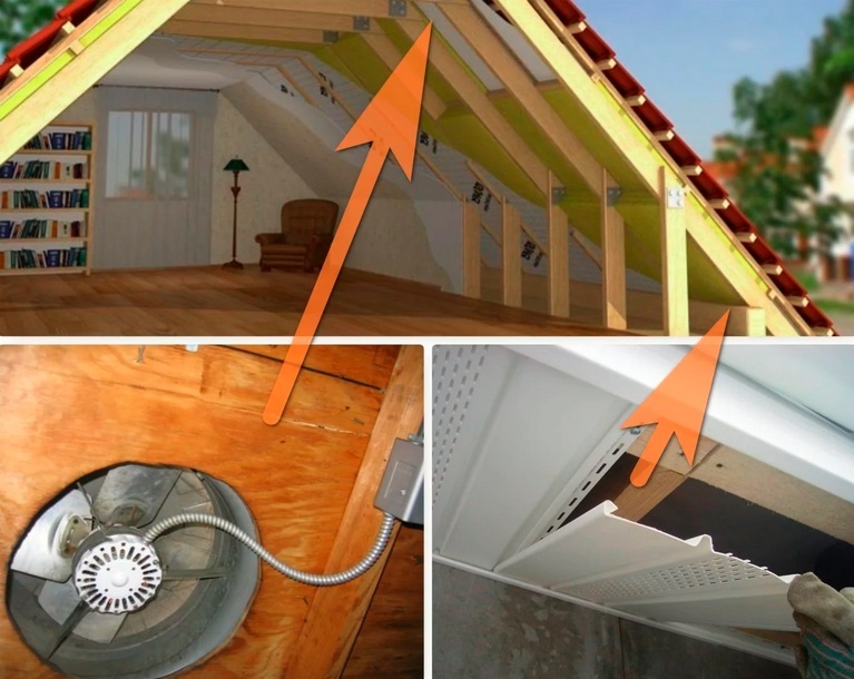Ventilation des combles dans une maison privée: le principe d'aménagement des échanges d'air par les lucarnes et les bouches d'aération