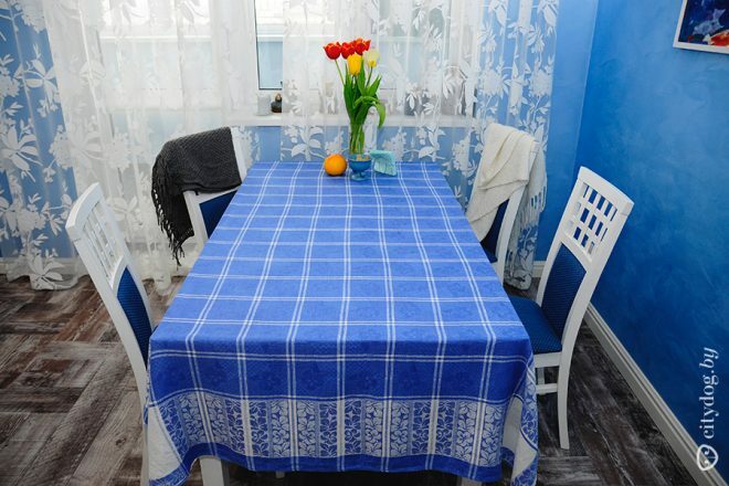 Flowers in a blue kitchen