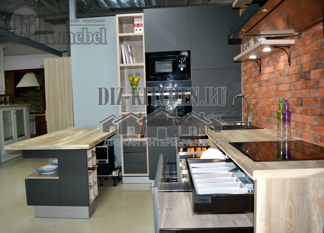 Loft style kitchen in graphite color with peninsula