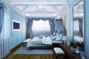 Makuuhuone sinisillä sävyillä: miten sisustaa, valaistus- ja sisustusvalinta