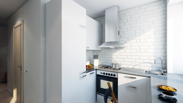 fotografie cu o bucătărie albă în interior