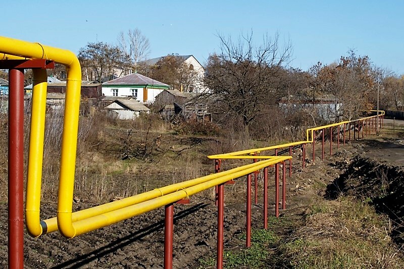 Overground gas pipeline in the village