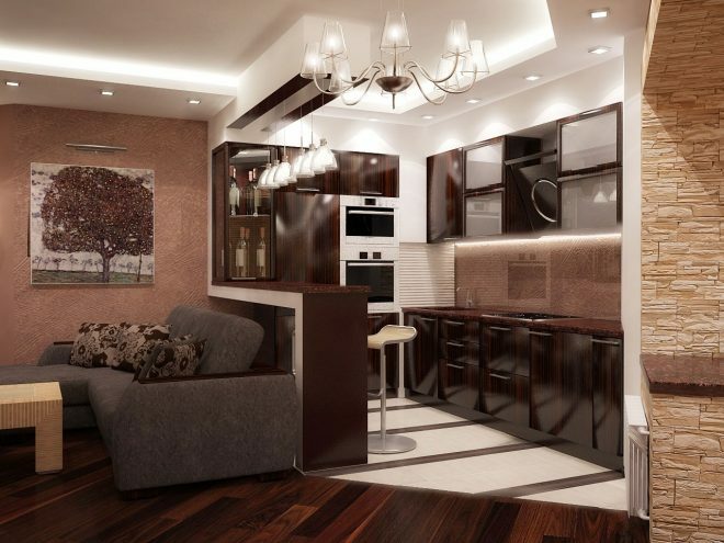 Dark kitchen-living room interior design
