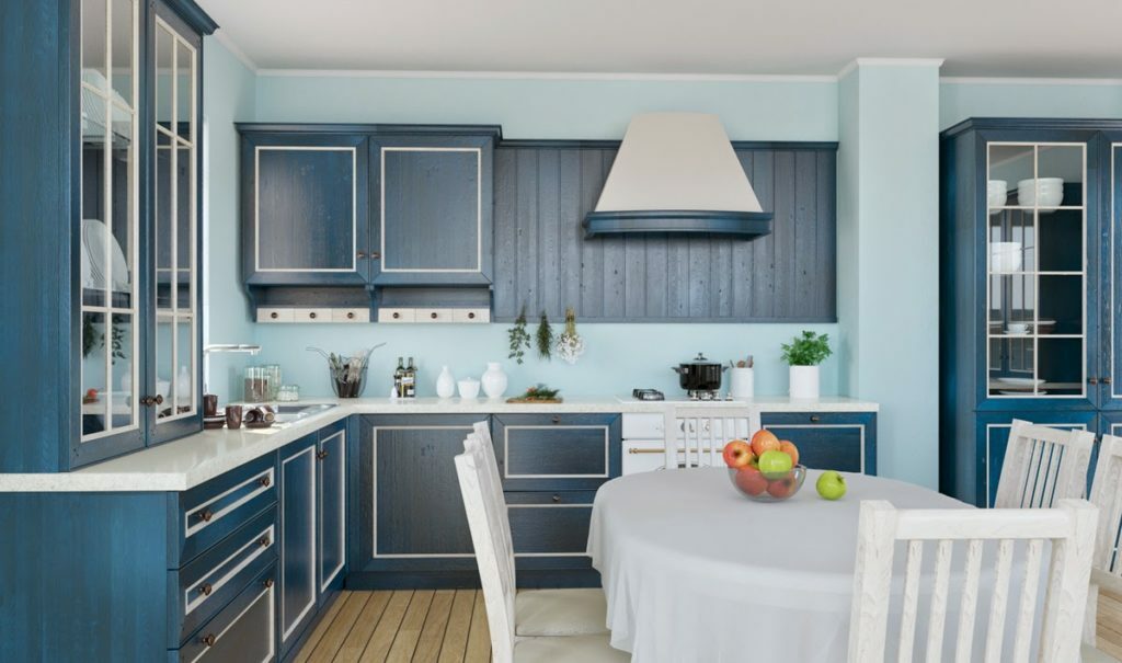 Pilkai mėlyna virtuvė