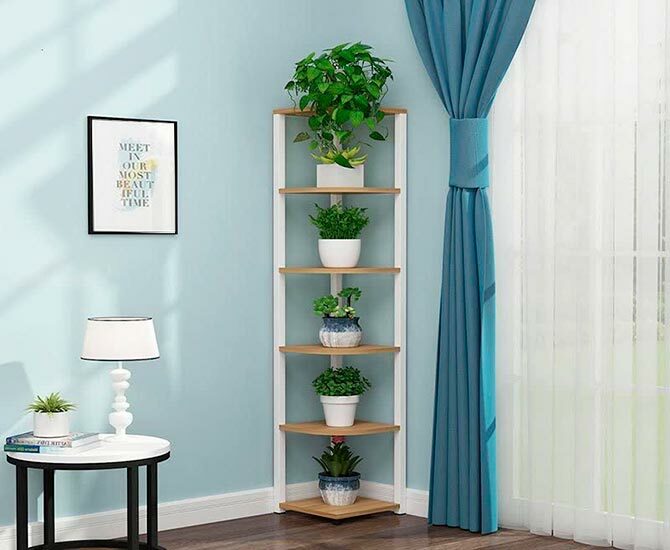 Corner wooden flower shelf