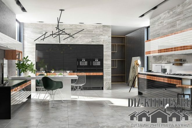 Stilīga melnbalta virtuve modernā stilā studijas tipa dzīvoklī