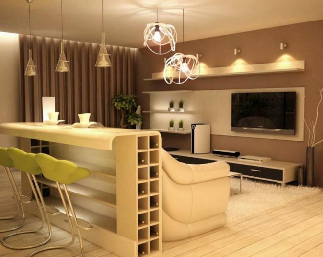 Kitchen-living room with a bar: design features, photo