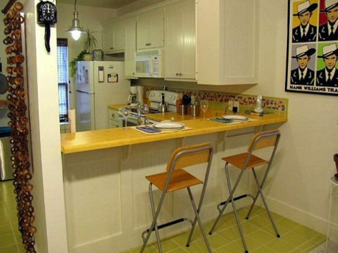 bar counter in a narrow kitchen