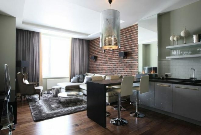 Dzīvojamās istabas virtuves dizains 20 kvm: foto ar zonējumu, krāsām