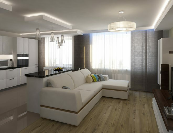 White kitchen-living room
