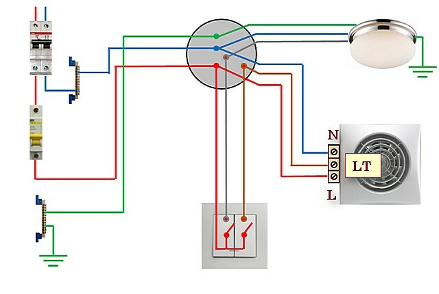 Schéma připojení ventilátoru s časovačem k 2tlačítkovému přepínači