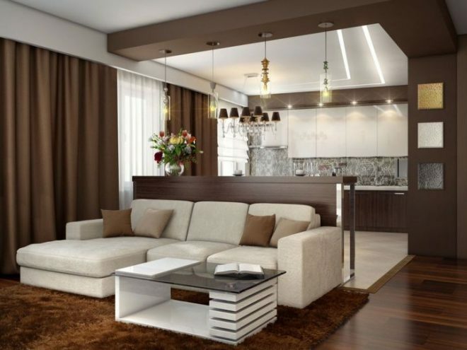 Brown kitchen-living room