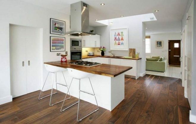 U-shaped kitchen combined with a living room