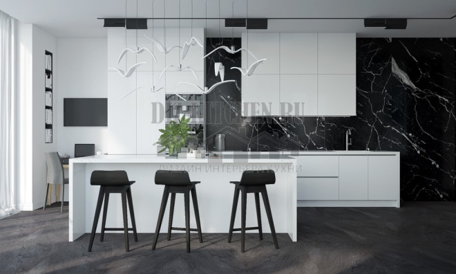 Stilfuldt hvidt køkken på en sort baggrund