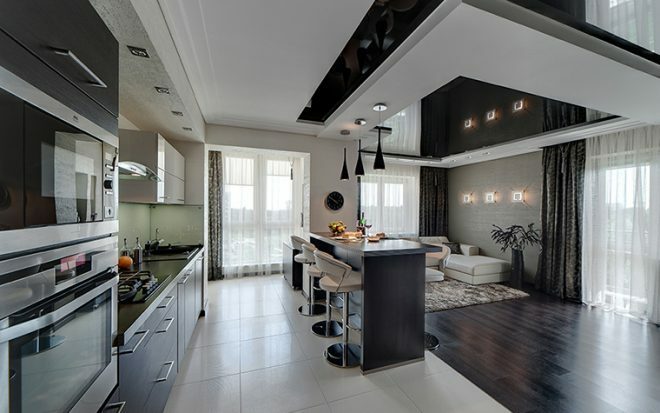 Kitchen space with a high-tech living room