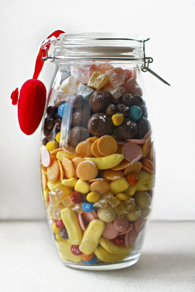 A variety of sweets and sweets in the bank. Sweet gift.