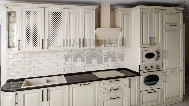 White retro kitchen with patinated solid wood fronts