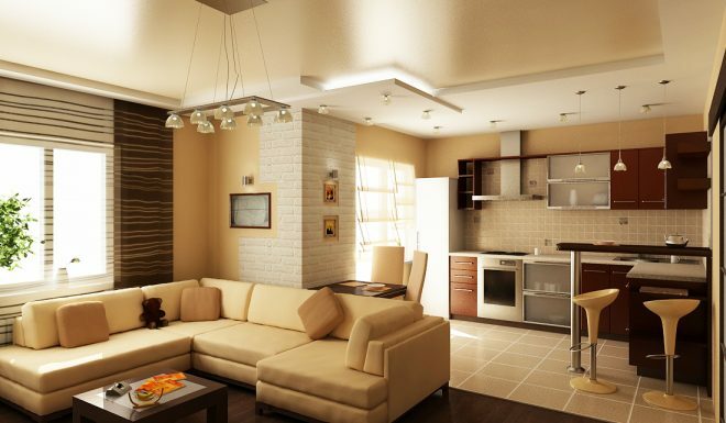 Beige kitchen-living room