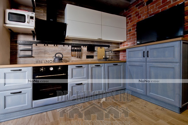 Blaue Küche im Loft-Stil