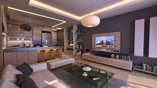 Apartment interior: kitchen-living room in high-tech style. Photo