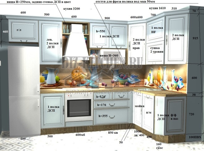 Layout of a blue solid wood kitchen