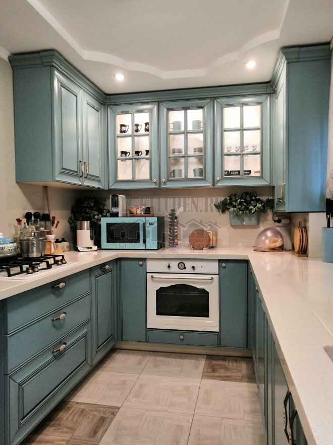 Blue kitchen in Provence style U-shaped layout