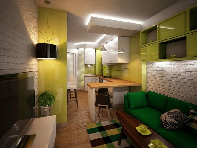 Green kitchen living room
