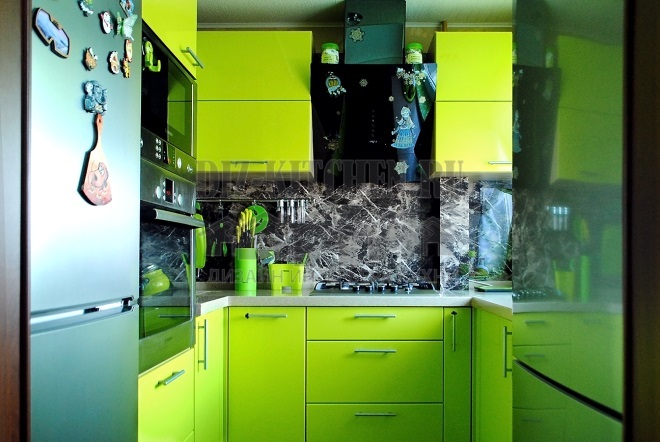 Fashionable green kitchen made of MDF in the kitchen 5.5 sq. m.