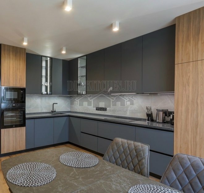 Modern corner gray kitchen with wood