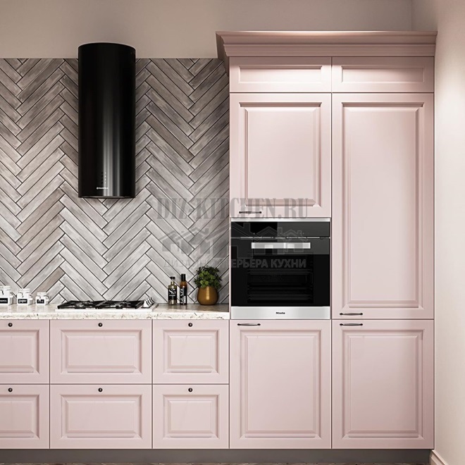 Roza AlvaLINE pink kitchen with gray porcelain stoneware backsplash