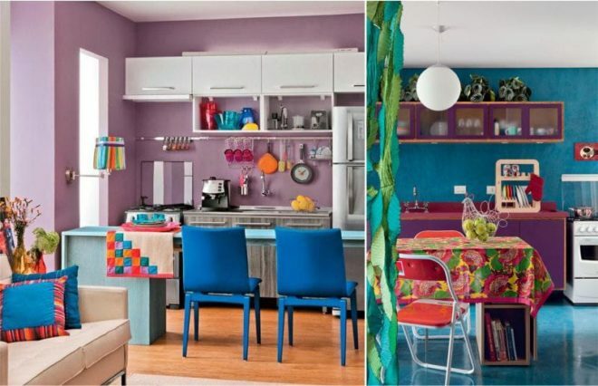 virtuvė violetinė su mėlyna