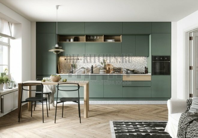 Štýlová moderná olivová kuchyňa spojená s obývacou izbou