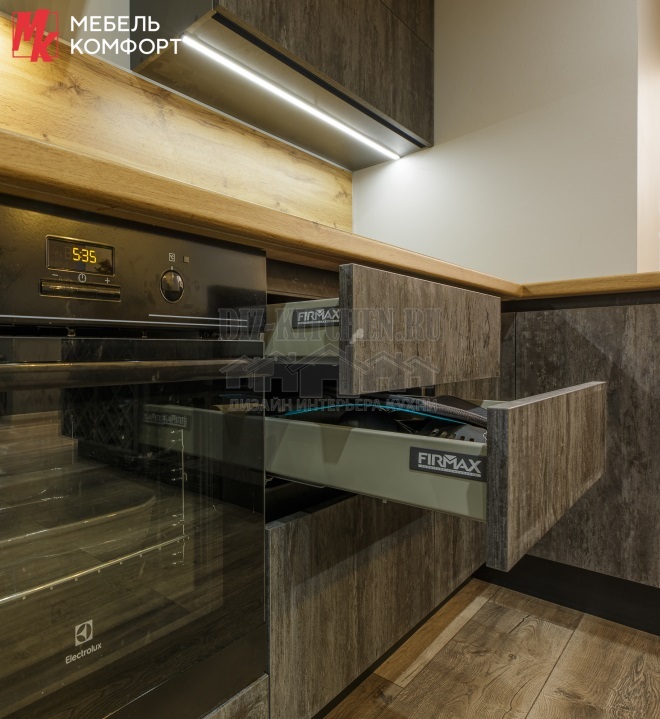 Sivá drevená kuchyňa v tvare U Loft s barovým pultom