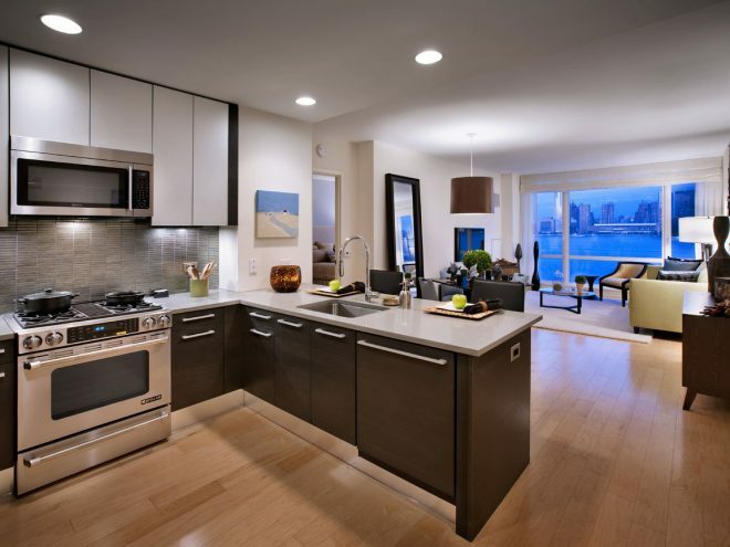 High-tech style kitchen-living room windows