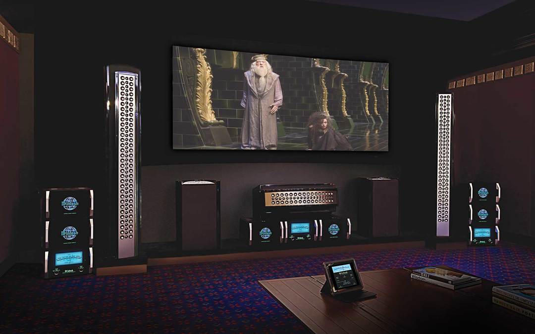 Home theater with subwoofer for surround sound.