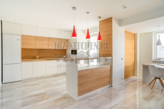 Modern white and wood interior with bar counter