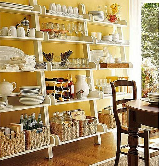 shelves with utensils in the kitchen