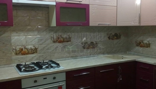 Burgundy and pink modern corner kitchen with gray backsplash
