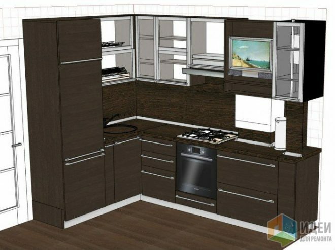 Drawings and diagrams of kitchen cabinets with dimensions