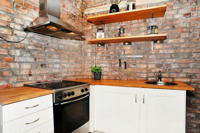 brick wall in the interior of the kitchen