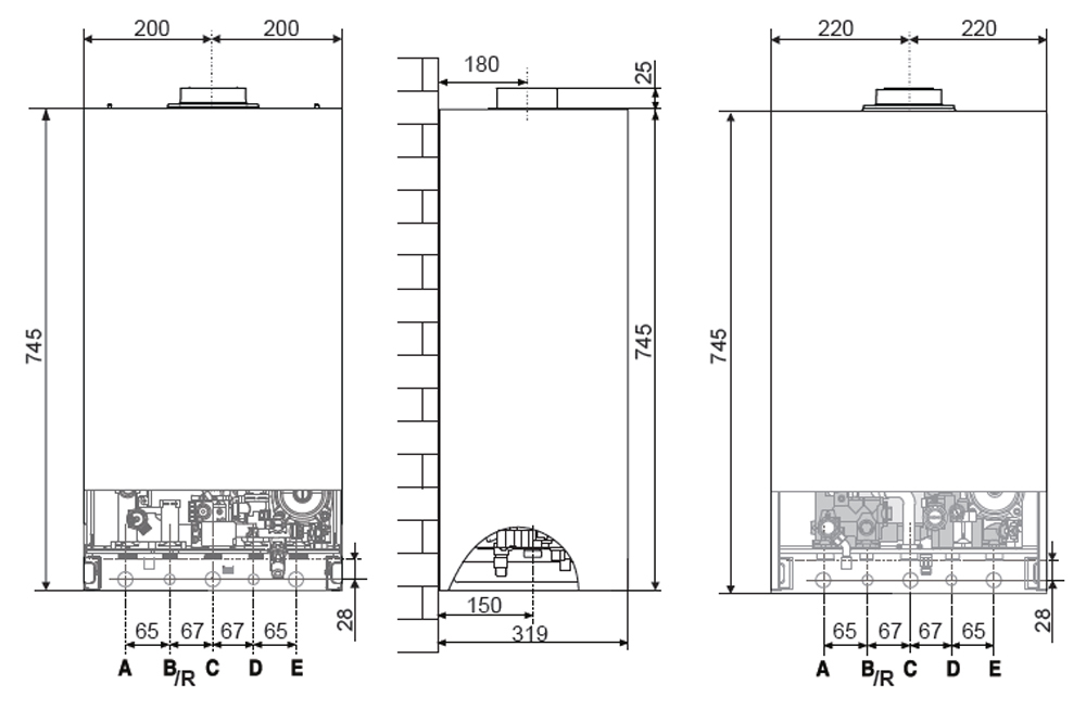 Dimensions for mounting the boiler on the wall