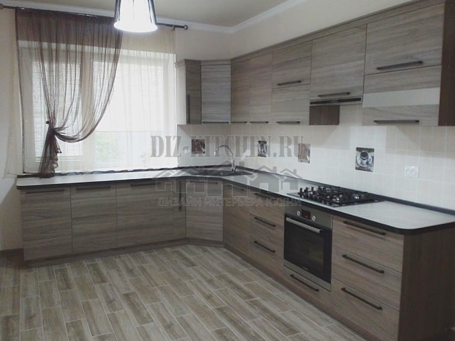 Modern corner kitchen with imitation wood structure