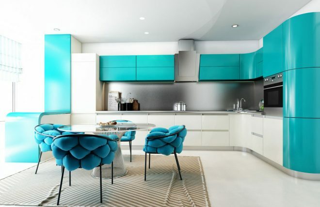 Bright turquoise kitchen 