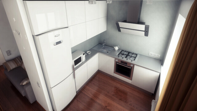 Vstavaná chladnička v malej kuchyni