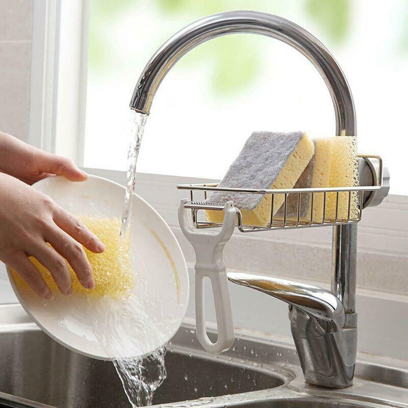 Kitchen-Sink-Faucet-Drain-Rack-Sponge-Soap-Cloth-Storage-Organizer-Holder-Shelf-LKS99