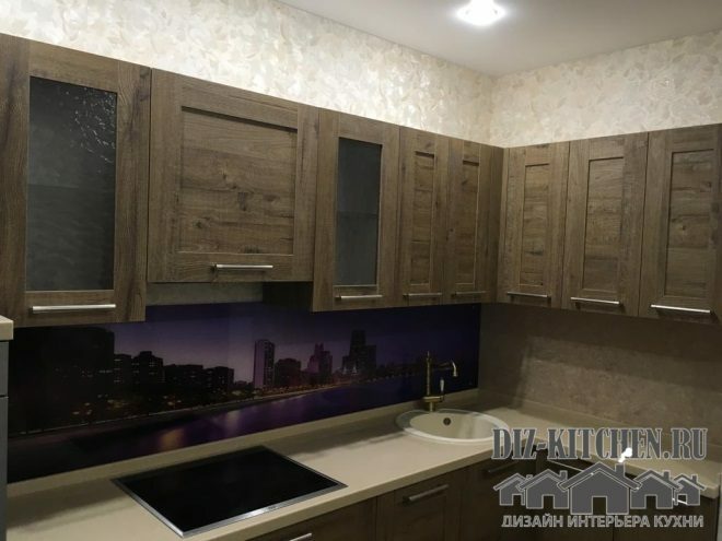 Corner brown kitchen with wall panel
