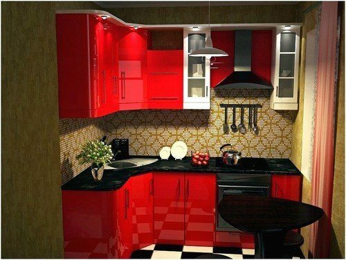cocina de 8 m2 en tonos rojos