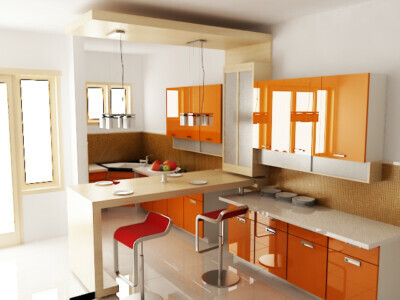 Oranžinės spalvos virtuvės dizainas
