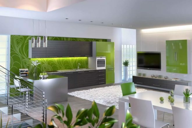 Zelená a šedá kuchyňa